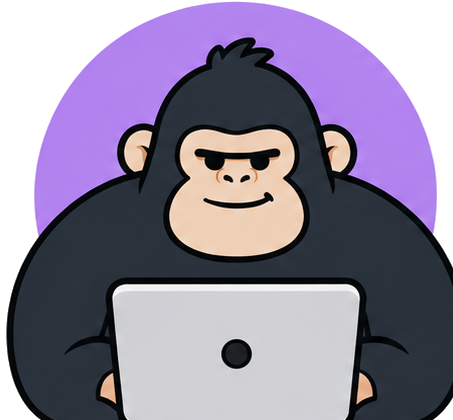 Chunky — a big friendly cartoon gorilla working at a laptop, in front of a purple circle